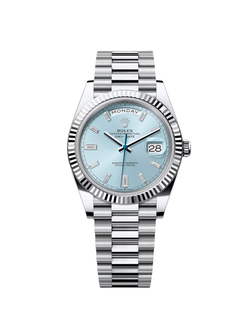 RLX Day-Date "President" 40mm Platinum Ice Blue Baguette