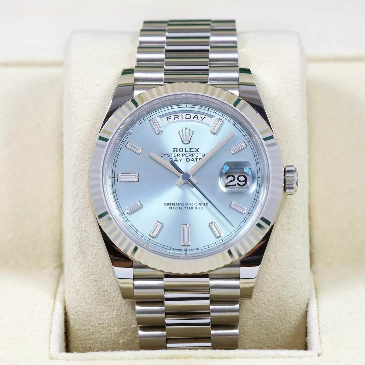 RLX Day-Date "President" 40mm Platinum Ice Blue Baguette