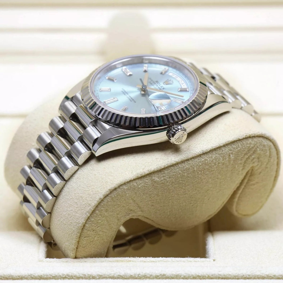 RLX Day-Date "President" 40mm Platinum Ice Blue Baguette