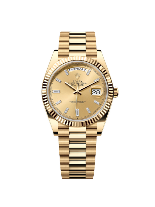 RLX Day-Date "President" 40mm Yellow Gold Champagne Diamond Baguette