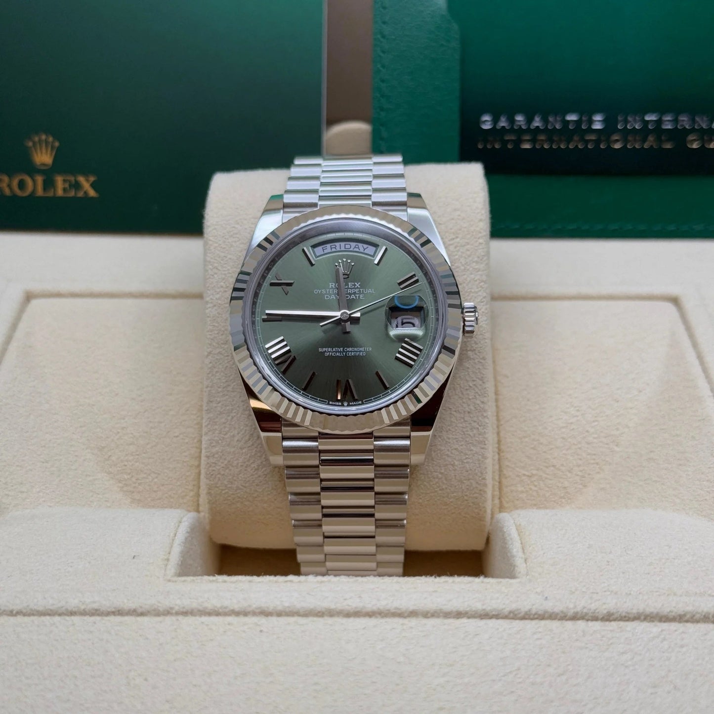 RLX Day-Date "President" 40mm Platinum Green Olive Roman