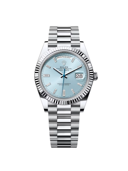 RLX Day-Date "President" 40mm Platinum Ice Blue Baguette