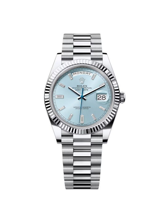 RLX Day-Date "President" 40mm Platinum Ice Blue Baguette