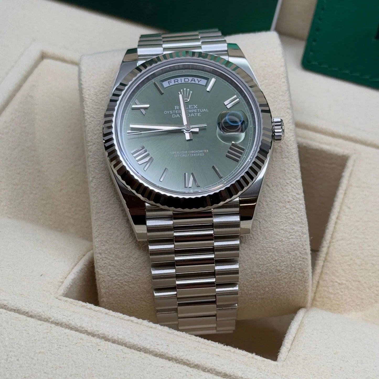 RLX Day-Date "President" 40mm Platinum Green Olive Roman