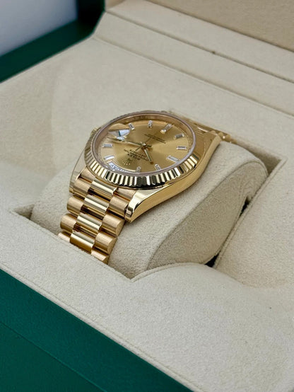 RLX Day-Date "President" 40mm Yellow Gold Champagne Diamond Baguette