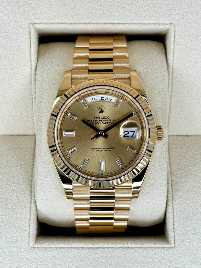 RLX Day-Date "President" 40mm Yellow Gold Champagne Diamond Baguette