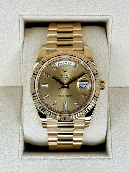 RLX Day-Date "President" 40mm Yellow Gold Champagne Diamond Baguette